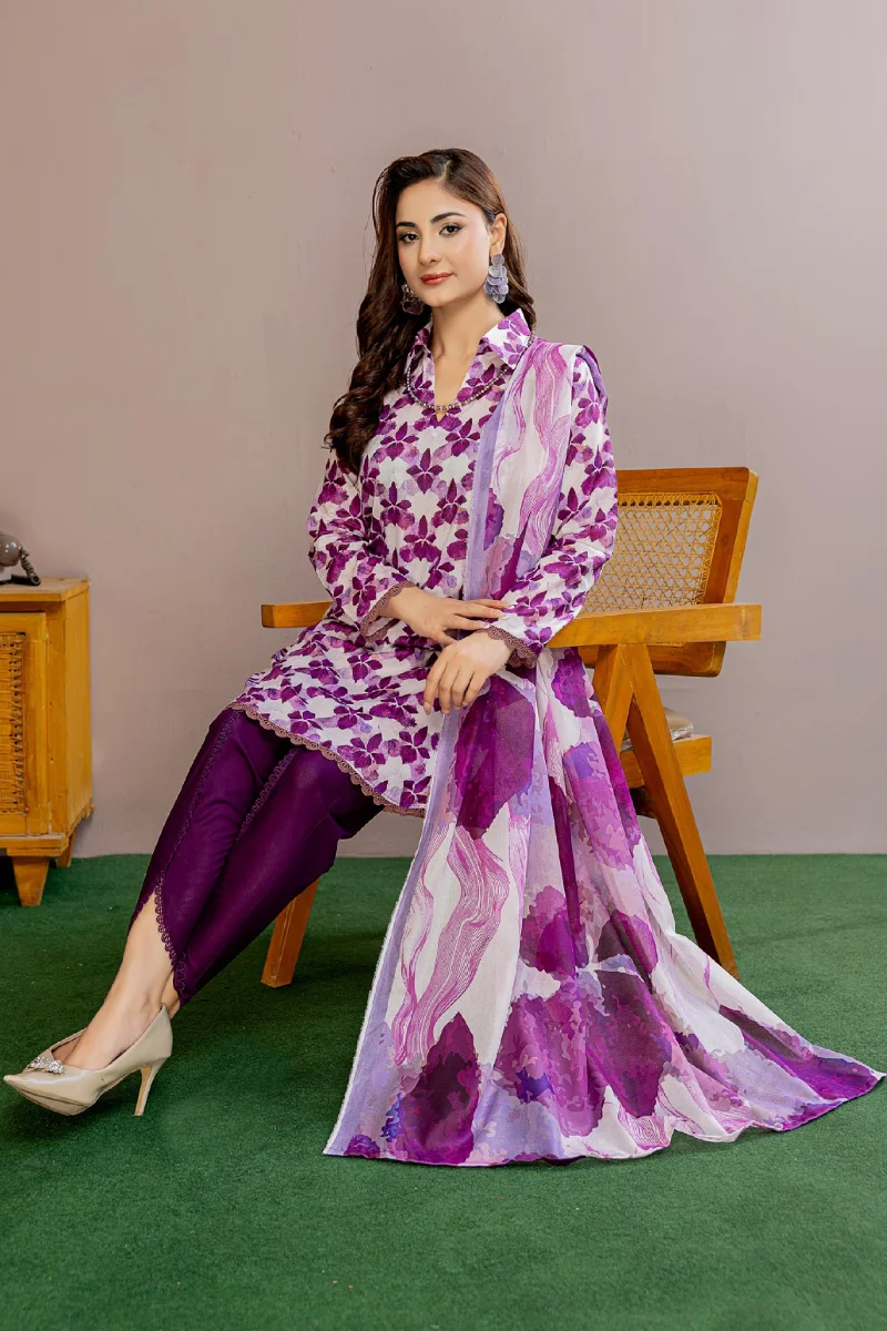 Bin Naeem Platinum Blossom Veil 3 Piece Luxury Printed Lawn Suit
