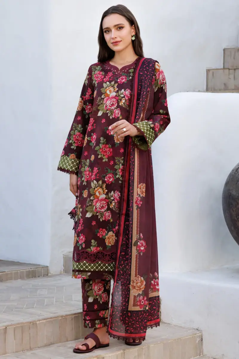 Rich Maroon Printed Lawn